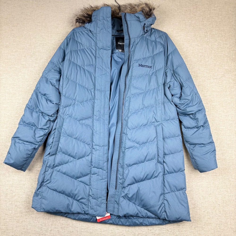 Marmot Varma Jacket Womens XL Storm Cloud Blue 700 Fill Down Parka Hooded